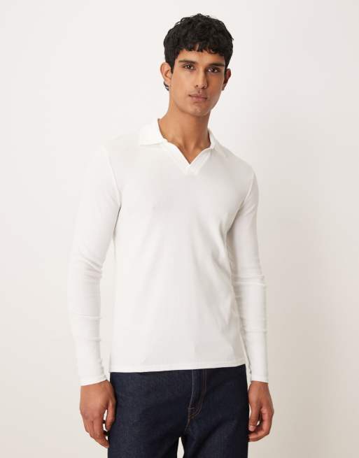 ASOS DESIGN - Muscle-fit geribbelde polo met lange mouwen en Henley-hals in wit