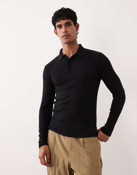 ASOS DESIGN - Muscle fit geribbelde polo van zware stof met lange mouwen in zwart - view 1