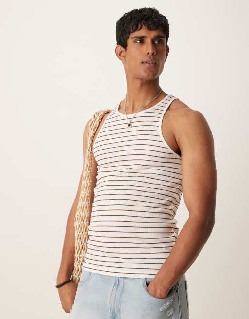 ASOS DESIGN - Muscle fit gestreept hemdje in wit en bruin