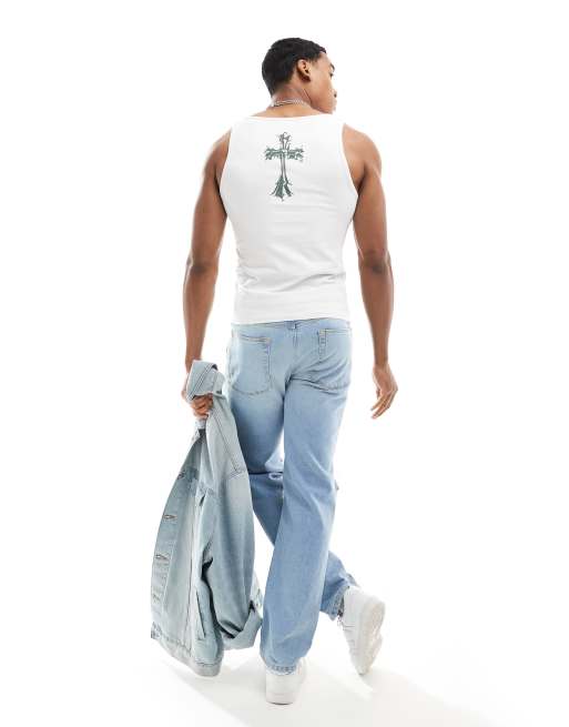 ASOS DESIGN - Muscle fit hemd met kruisprint op de achterkant in grijs 