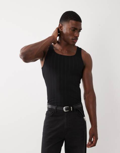 ASOS DESIGN - Muscle fit hemd met vierkante hals en brede ribbels in zwart - view 1