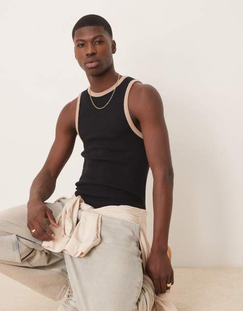 ASOS DESIGN - Muscle fit hemd met wafelstructuur in zwart met contrasterende randen - view 1