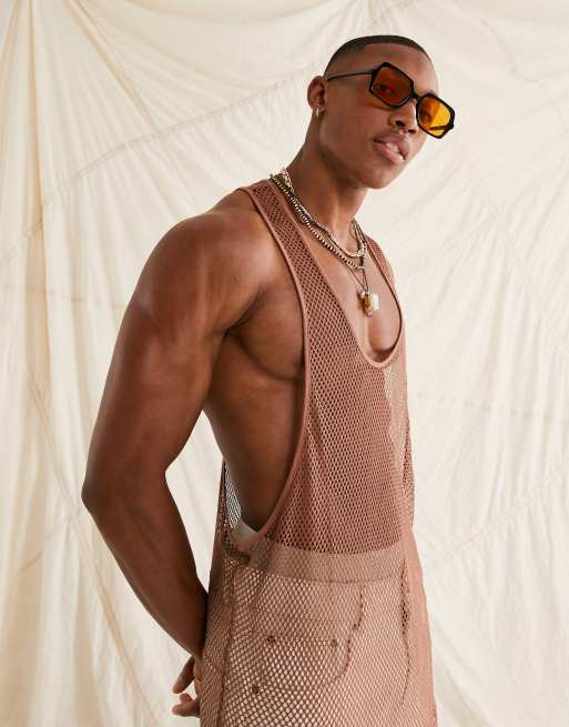 ASOS DESIGN - Muscle fit hemd van mesh met racer back in bruin