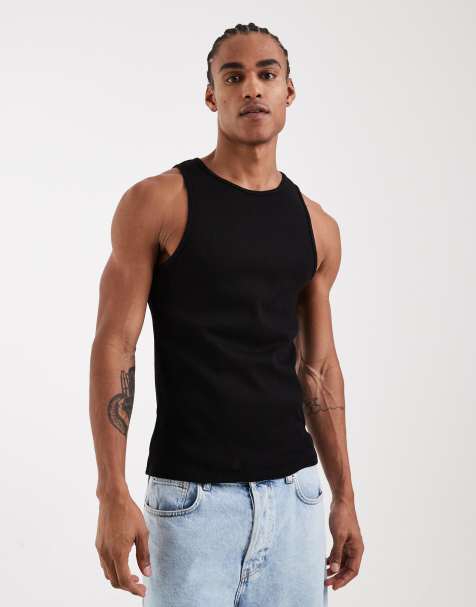 ASOS DESIGN - Muscle fit hemd van superzware geribbelde stof met hoge ronde hals in zwart - view 1