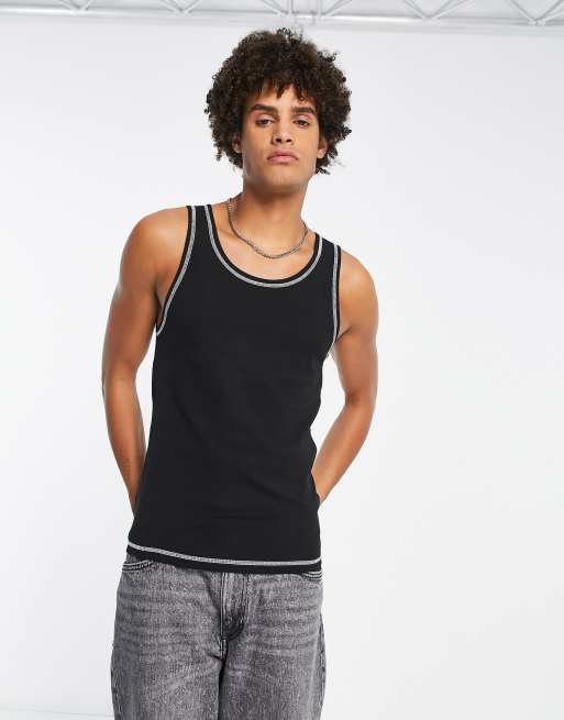 ASOS DESIGN - Muscle fit hemdje in zwart met contrasterende stiksels 