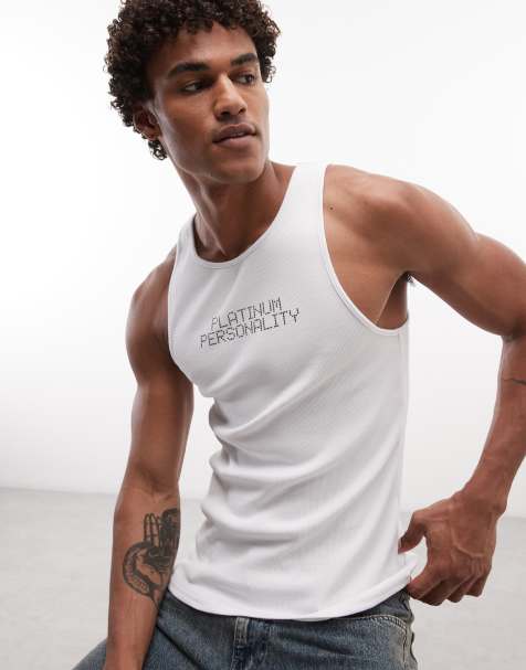 ASOS DESIGN - Muscle fit hemdje van geribbelde stof met tekstprint met reliëf in wit - view 1