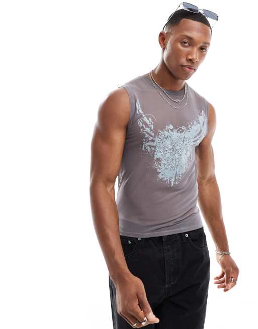 ASOS DESIGN - Muscle-fit hemdje van powermesh met grungeprint in grijs