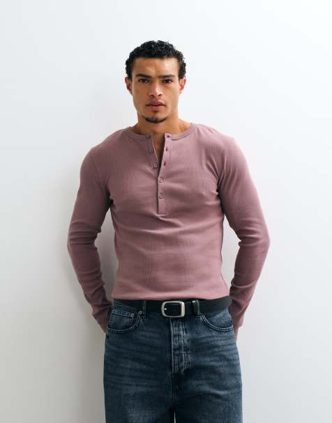 ASOS DESIGN muscle fit henley in pink - view 1