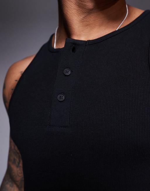 ASOS DESIGN - Débardeur moulant côtelé à col boutonné - Noir