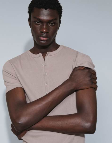 ASOS DESIGN muscle fit henley t-shirt in beige rib - view 1