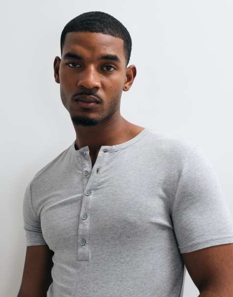 ASOS DESIGN muscle fit henley t-shirt in grey marl - view 1