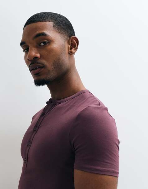 ASOS DESIGN muscle fit henley t-shirt in purple - view 1