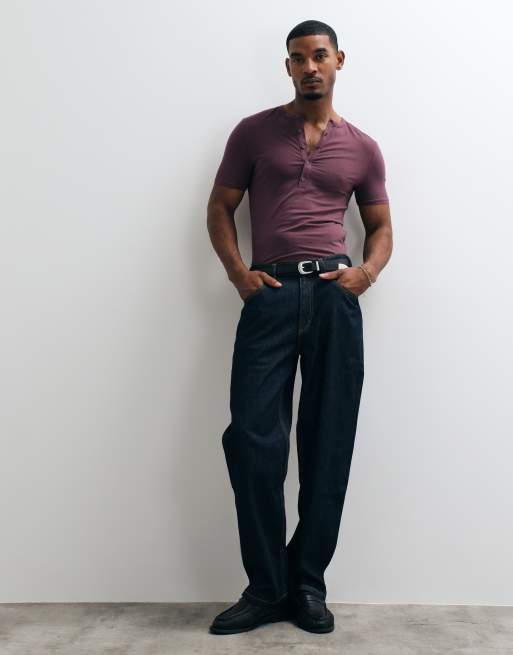 ASOS DESIGN muscle fit henley t-shirt in purple, 3 of 5