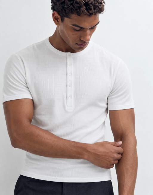 ASOS DESIGN muscle fit henley t-shirt in white rib, 10 of 10