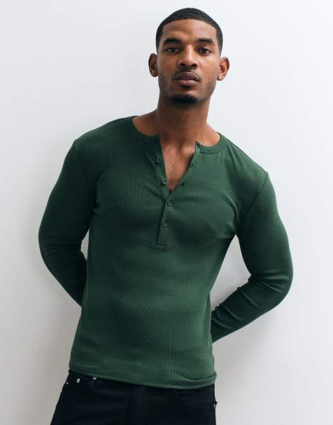 ASOS DESIGN muscle fit henley-T-shirt met lange mouwen in donkergroen ribstof - view 1