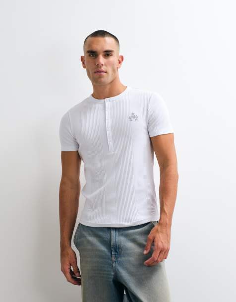ASOS DESIGN muscle fit henley t-shirt with logo in white smart rib - view 1