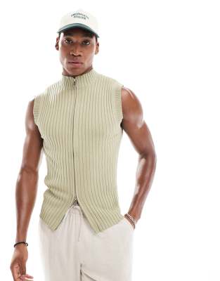 muscle fit high neck knit sleeveless zip up vest in khaki rib-Green