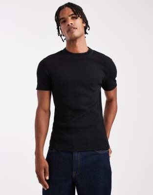muscle fit high neck ribbed t-shirt in black
