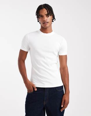 muscle fit high neck ribbed T-shirt in white