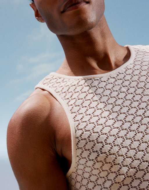 ASOS DESIGN muscle fit high scoop neck open crochet tank top in white