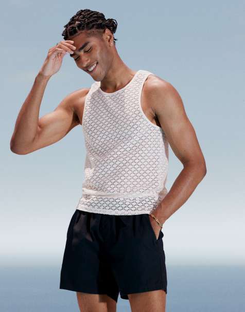 ASOS DESIGN muscle fit high scoop singlet in open crochet in white - view 1