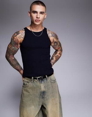 Asos Design Muscle Fit High Scoop Tank Top In Navy