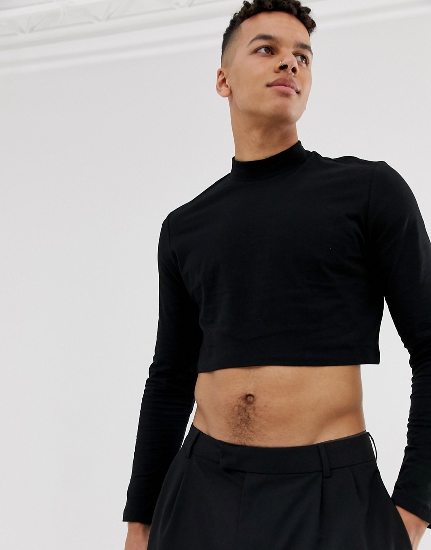 ASOS DESIGN - Muscle-fit hoekig T-shirt met lange mouwen en col in zwart