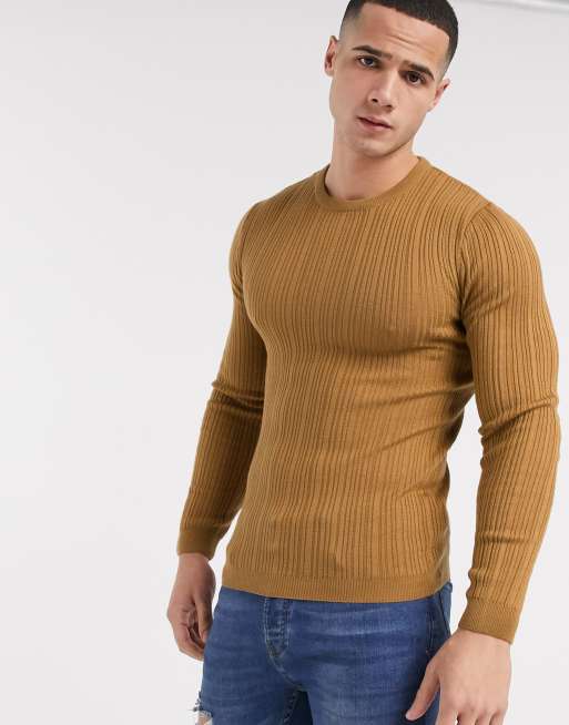 ASOS DESIGN muscle fit irregular ribbed sweater in tan ASOS