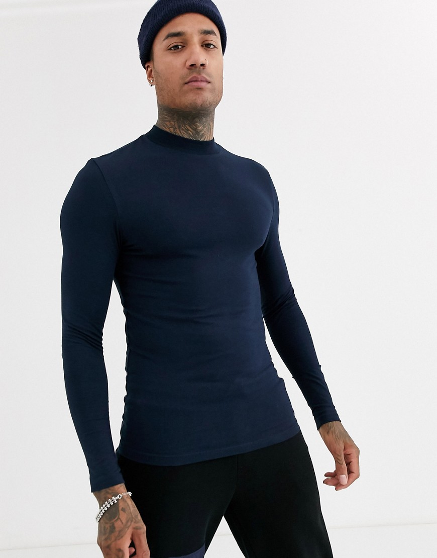 ASOS DESIGN - Muscle fit jersey met col en lange mouwen in marineblauw