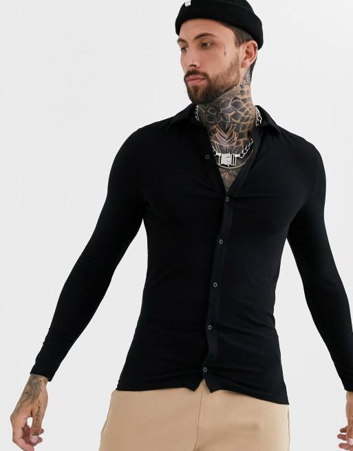 ASOS DESIGN - Muscle fit jersey overhemd met lange mouwen in zwart - BLACK 