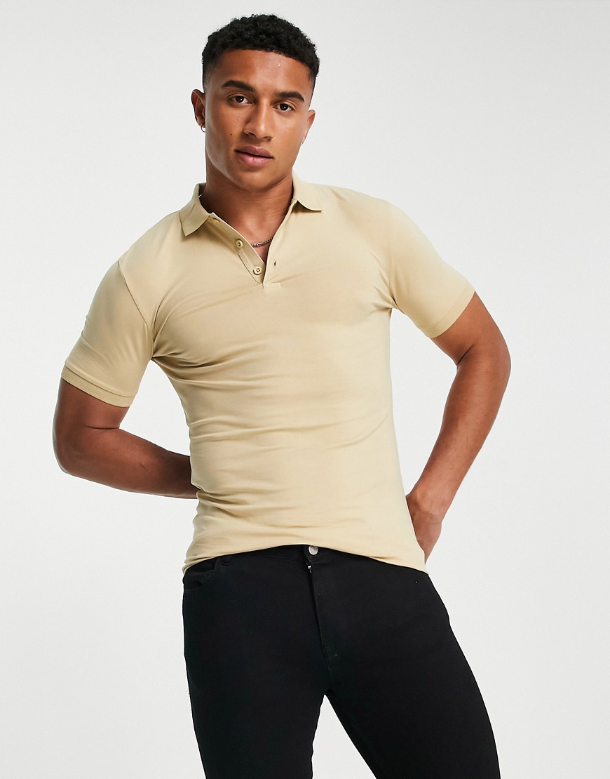 ASOS DESIGN muscle fit jersey polo in beige-Neutral