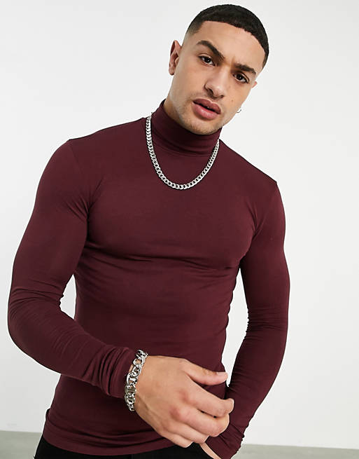 ASOS DESIGN muscle fit jersey roll neck in burgundy