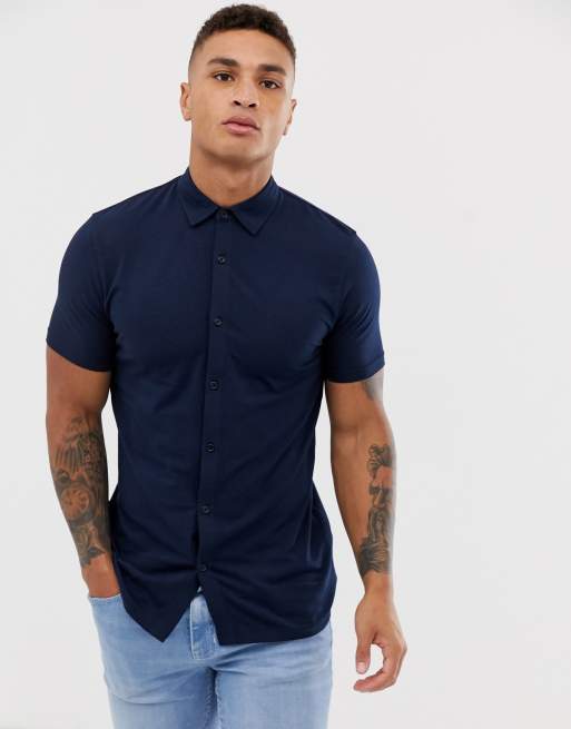 ASOS DESIGN muscle fit jersey shirt in navy | ASOS