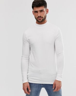 ASOS DESIGN - muscle-fit jersey t-shirt van organische stof met col en lange mouwen in wit