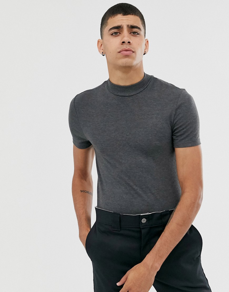 ASOS DESIGN muscle fit jersey turtle neck in charcoal marl-Grey