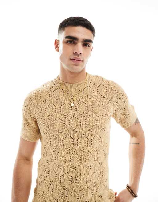ASOS DESIGN muscle fit knit contrast pointelle stitch crew neck T-shirt in brown