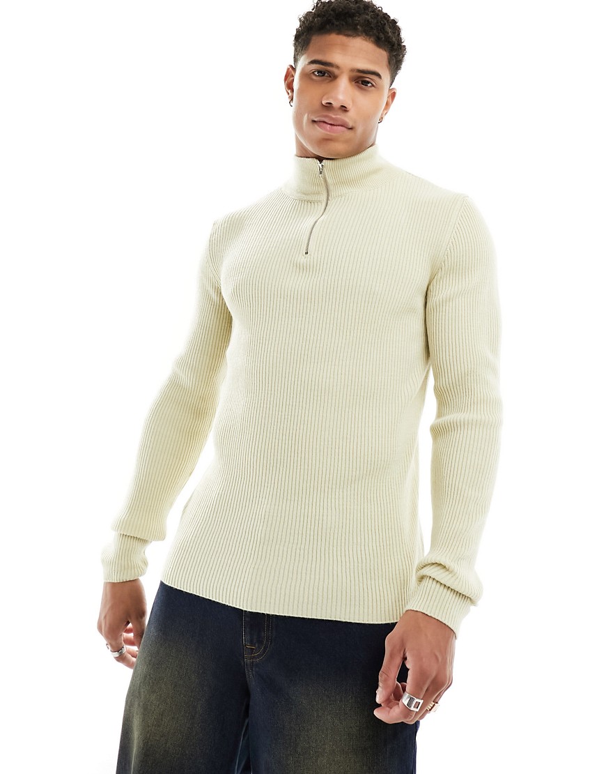 muscle fit knit essential 1/2 zip sweater in cream-White