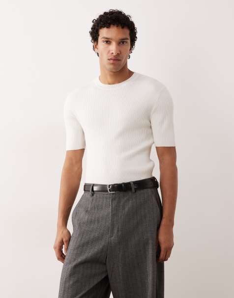 ASOS DESIGN muscle fit knit essential cotton blend crew neck T-shirt in white - view 1
