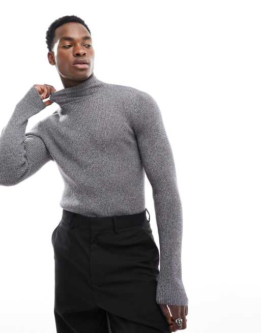 ASOS DESIGN muscle fit knit essential rib turtleneck sweater in gray twist