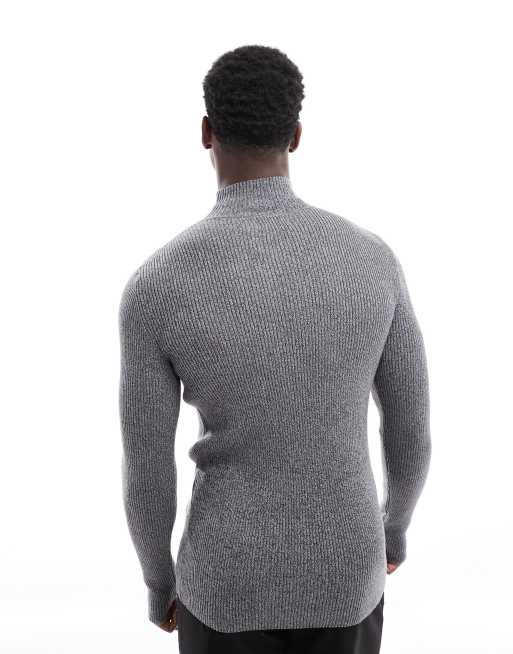 ASOS DESIGN muscle fit knit essential rib turtleneck sweater in gray twist, 3 of 4