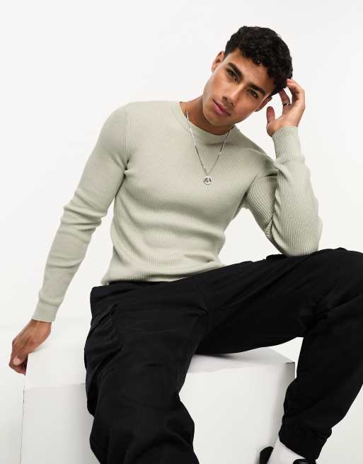 ASOS DESIGN muscle fit knit essential ribbed sweater in light gray