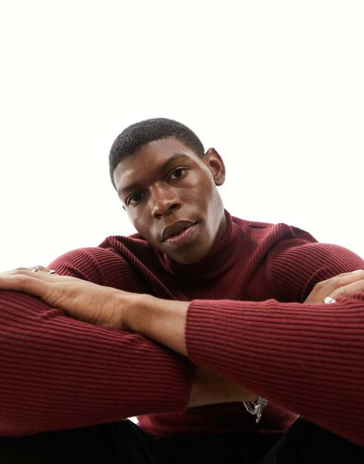 ASOS DESIGN muscle fit knit essential ribbed turtle neck sweater in burgundy, 2 of 4