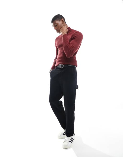 ASOS DESIGN muscle fit knit essential ribbed turtle neck sweater in burgundy, 3 of 4