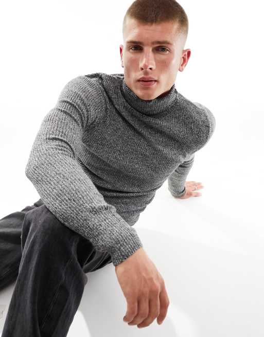 ASOS DESIGN muscle fit knit essential ribbed turtleneck sweater in gray  twist