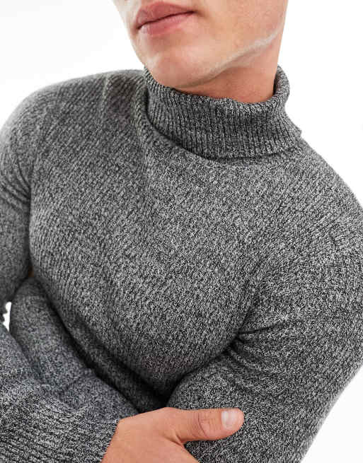 ASOS DESIGN muscle fit knit essential ribbed turtleneck sweater in gray  twist