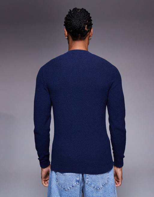 ASOS DESIGN muscle fit knitted henley neck jumper in navy