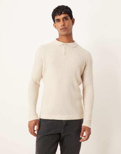 ASOS DESIGN muscle fit knit long sleeve polo T-shirt in cream - view 1