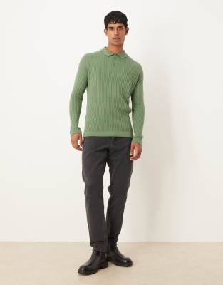 Asos Design Muscle Fit Knit Long Sleeve Polo T-shirt In Green