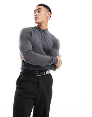 ASOS DESIGN muscle fit knit merino wool polo sweater in gray