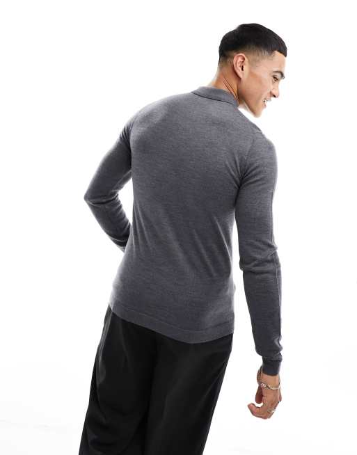 ASOS DESIGN muscle fit knit merino wool polo sweater in gray